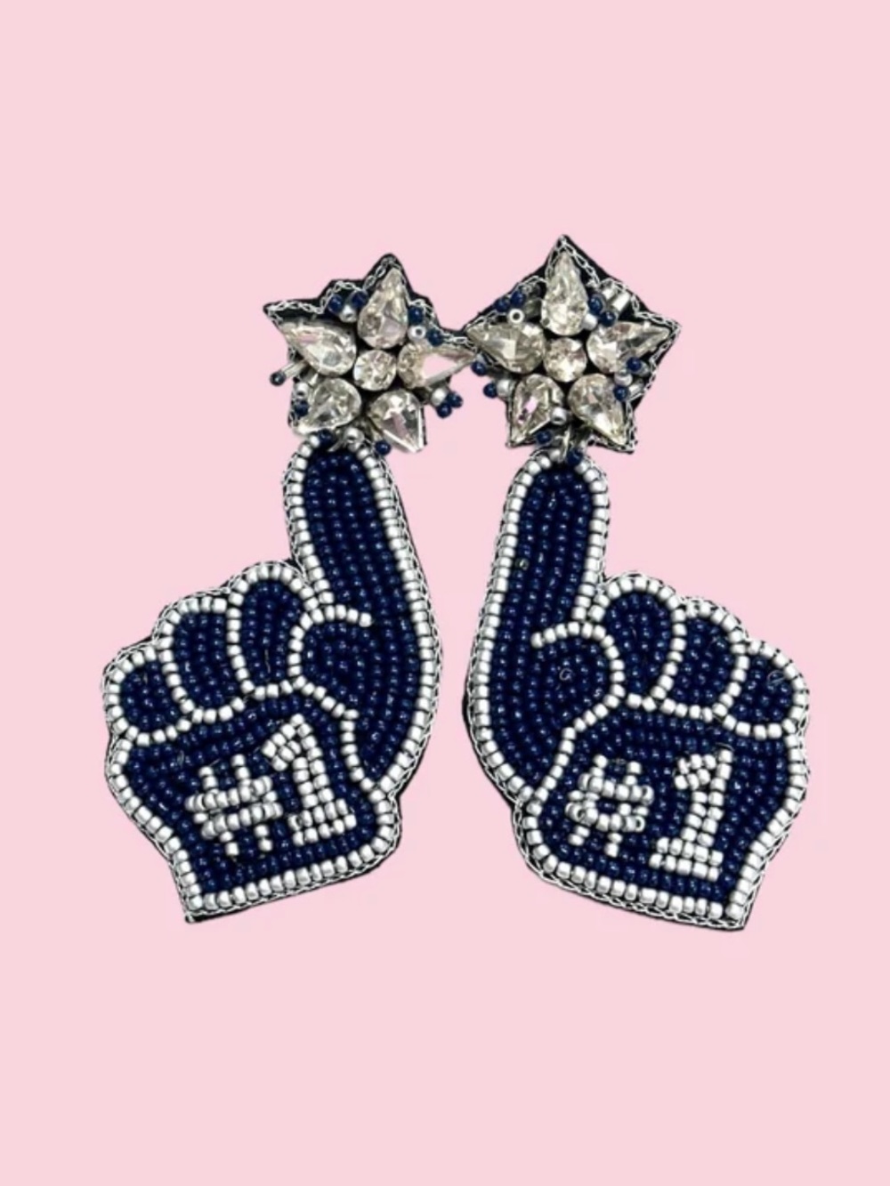 NWT Dallas Navy Blue Cowboy’s Silver #1 Finger Seed Beaded Statement Earrings